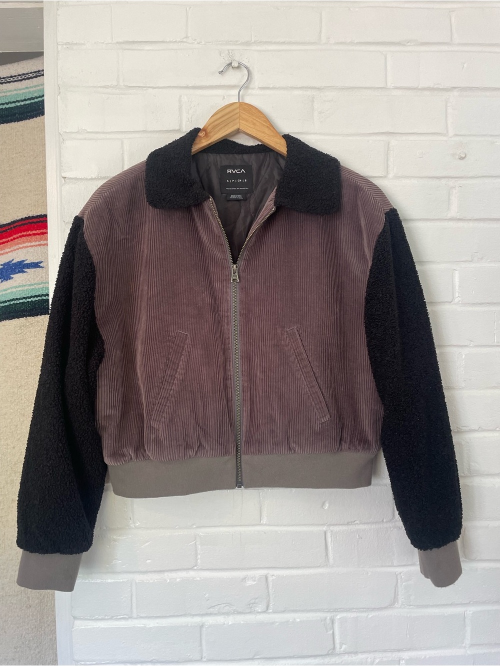 RVCA Corduroy Bomber Jacket in Brown with Black Sherpa Sleeves Size Small